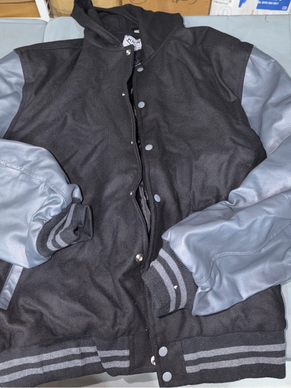 Black & Gray Varsity Jacket with Leather Sleeves